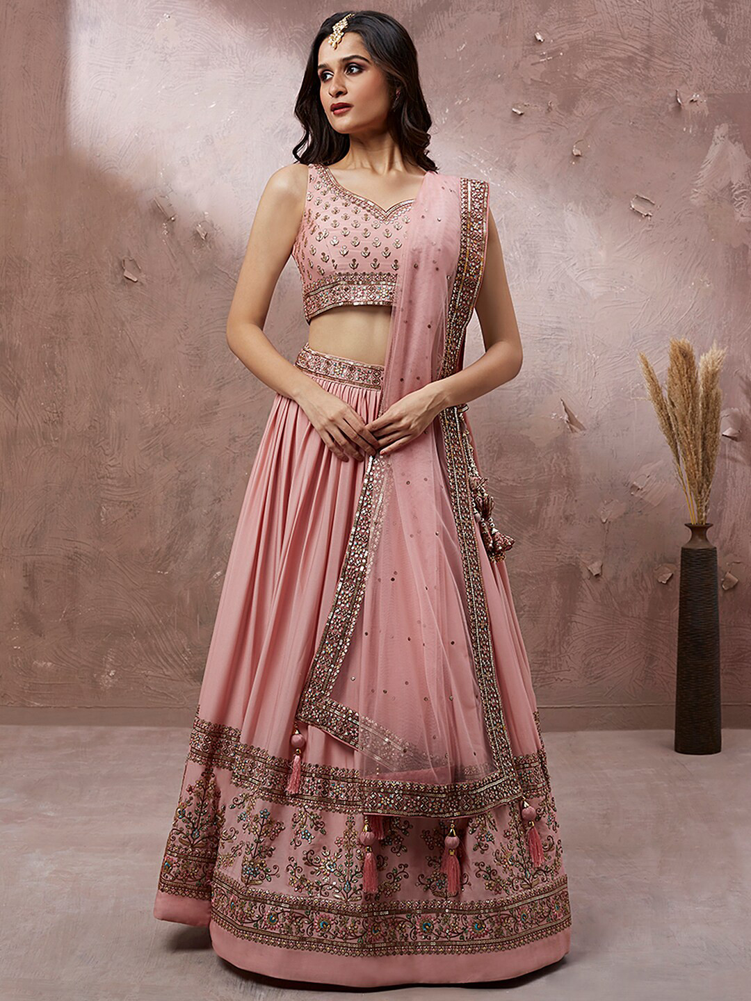

VAANI CREATION Embroidered Semi-Stitched Lehenga & Unstitched Blouse With Dupatta, Coral