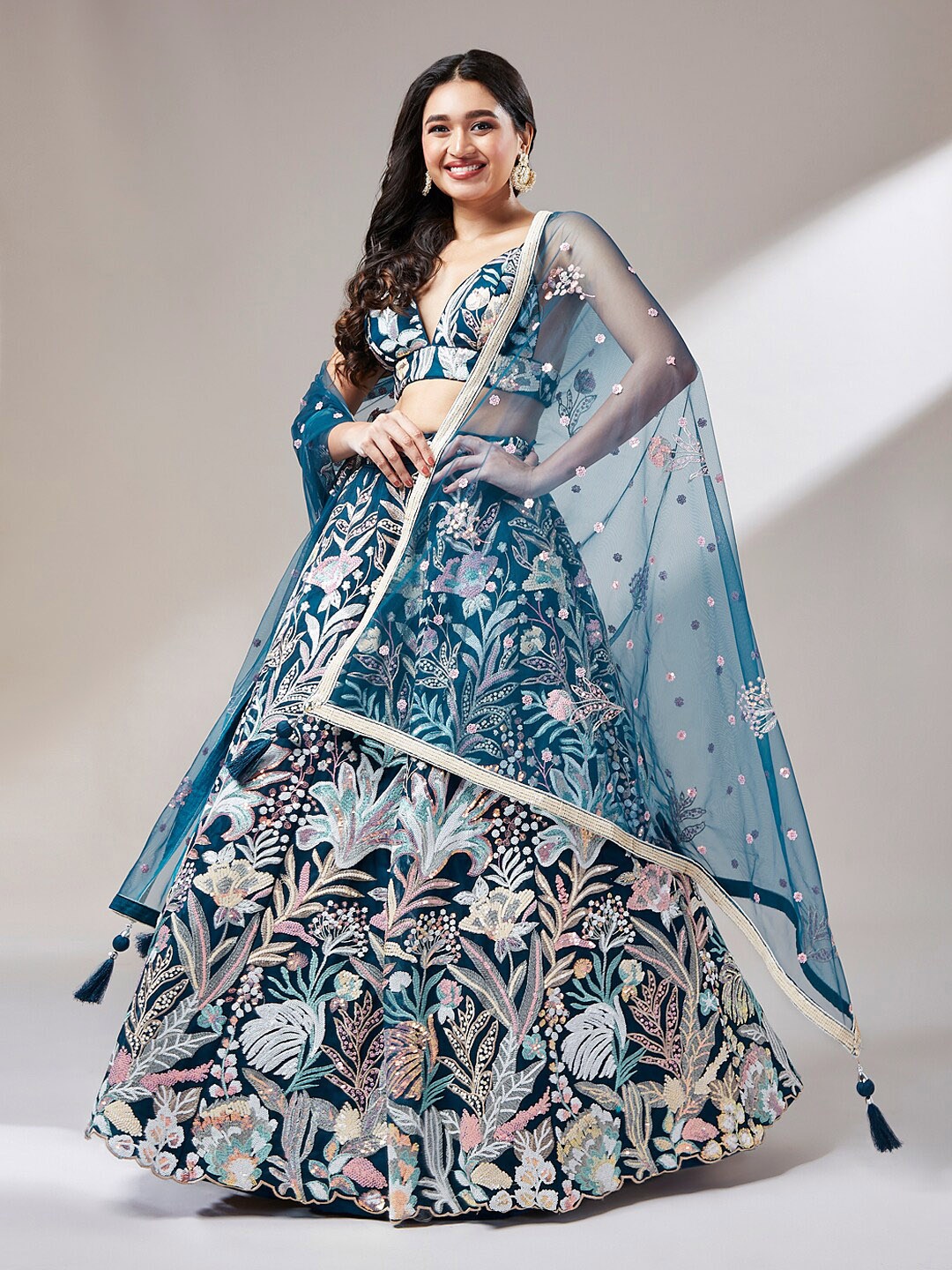 

VAANI CREATION Embroidered Net Semi-Stitched Lehenga & Unstitched Blouse With Dupatta, Navy blue