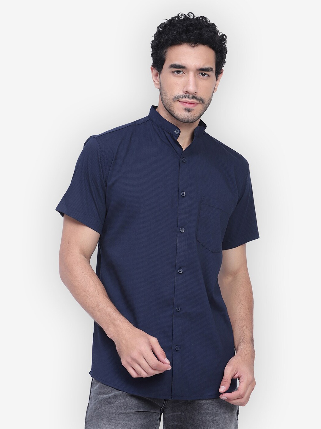 

Vida Loca Standard Slim Fit Band Collar Cotton Casual Shirt, Navy blue