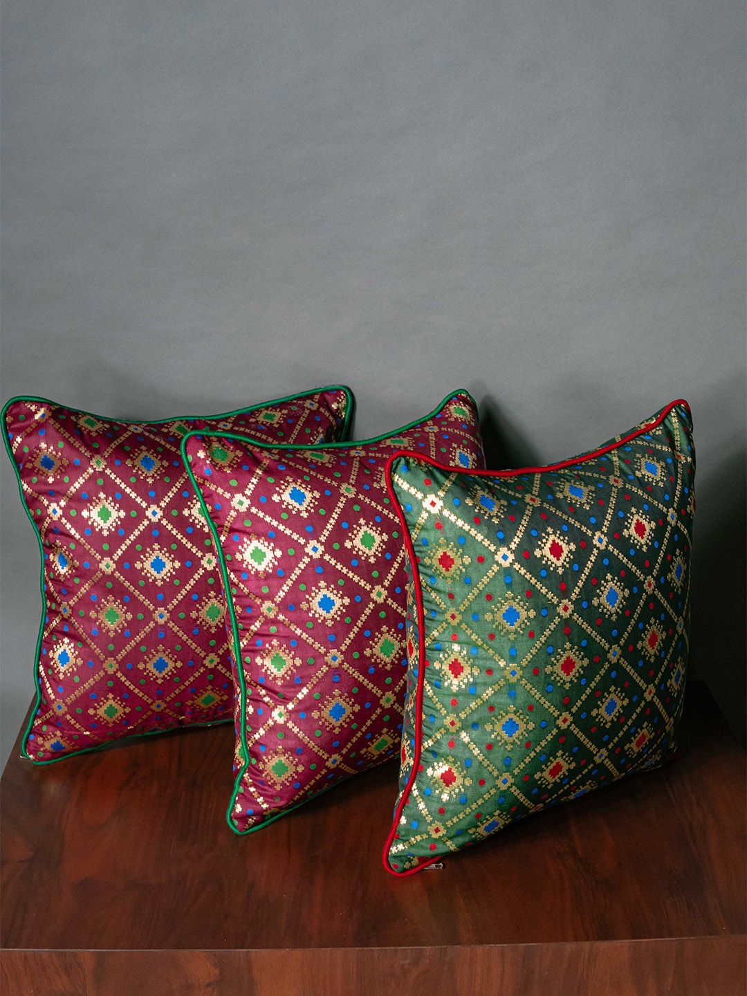 

RoyalDeco Burgundy & Green 3 Pieces Ethnic Motifs Brocade Square Cushion Covers