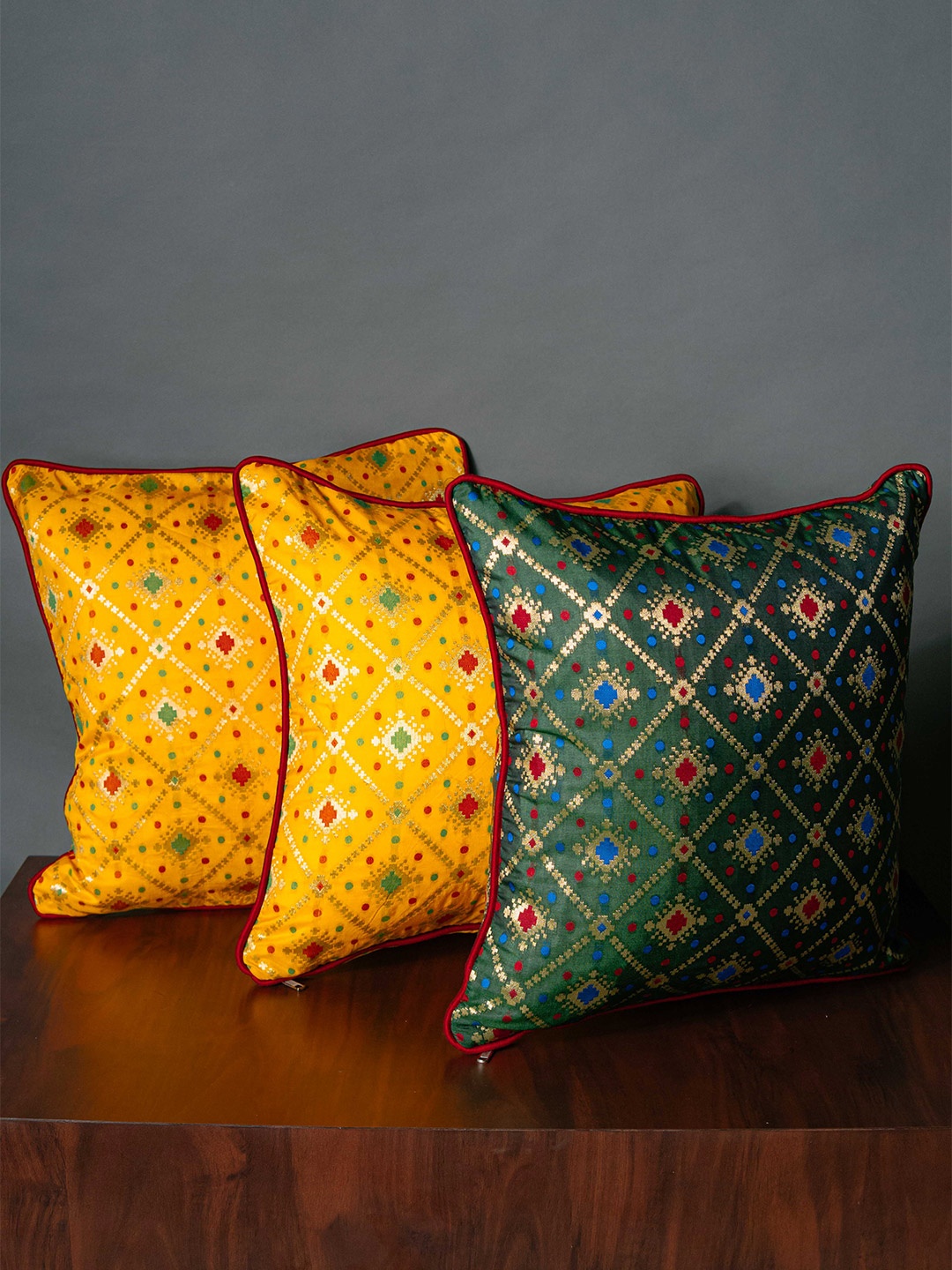 

RoyalDeco Yellow & Green 3 Pieces Ethnic Motifs Brocade Square Cushion Covers