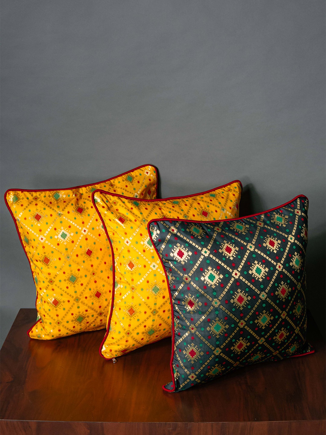 

RoyalDeco Yellow & Navy Blue 3 Pieces Ethnic Motifs Brocade Square Cushion Covers