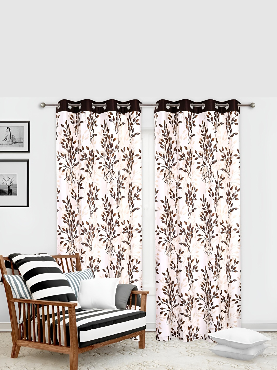 

Yes Cart Home Coffe Brown & White 2 Pcs Floral Room Darkening Long Door Curtains, Coffee brown
