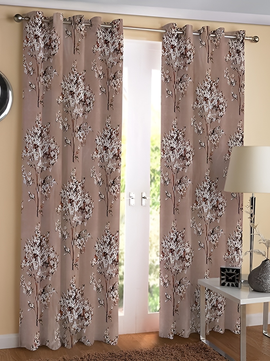 

Yes Cart Home Coffee Brown & White 2Pcs Floral Room Darkening Door Curtains