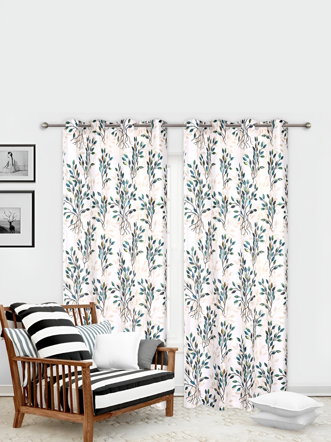 

Yes Cart Home Green & White 2 Pcs Floral Room Darkening Long Door Curtains