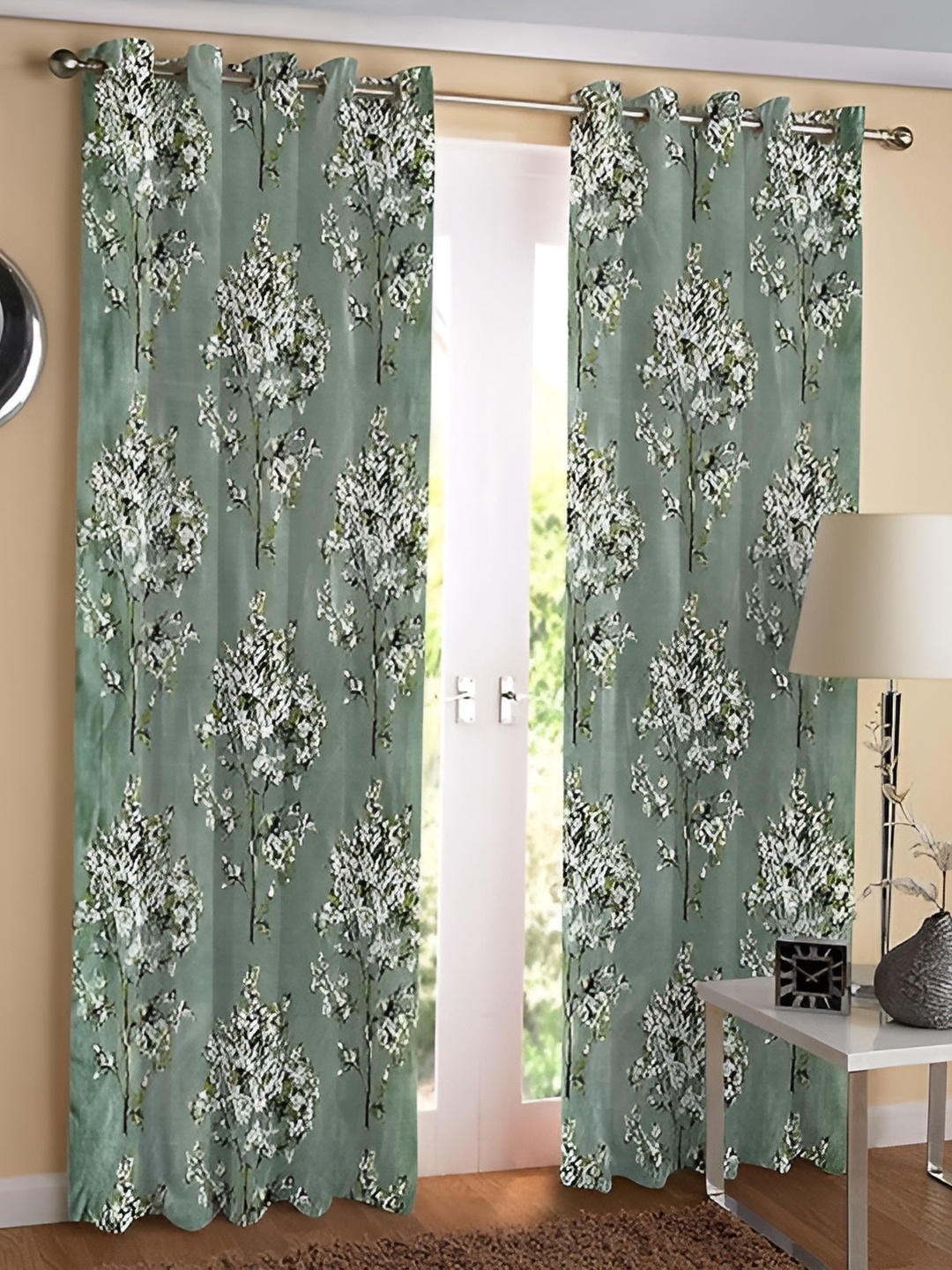 

Yes Cart Home Green & White 2 Pcs Floral Room Darkening Long Door Curtain
