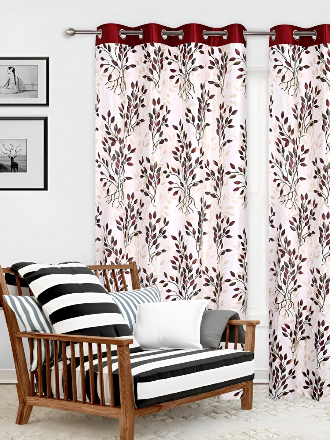 

Yes Cart Home Maroon & White 2 Pieces Floral Room Darkening Window Curtains