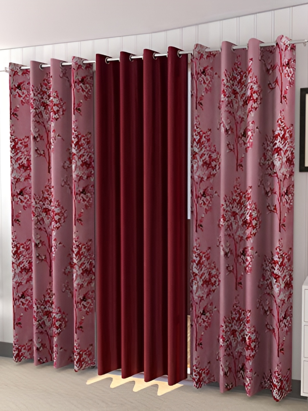 

Yes Cart Home Maroon & White 3 Pieces Floral Room Darkening Window Curtains