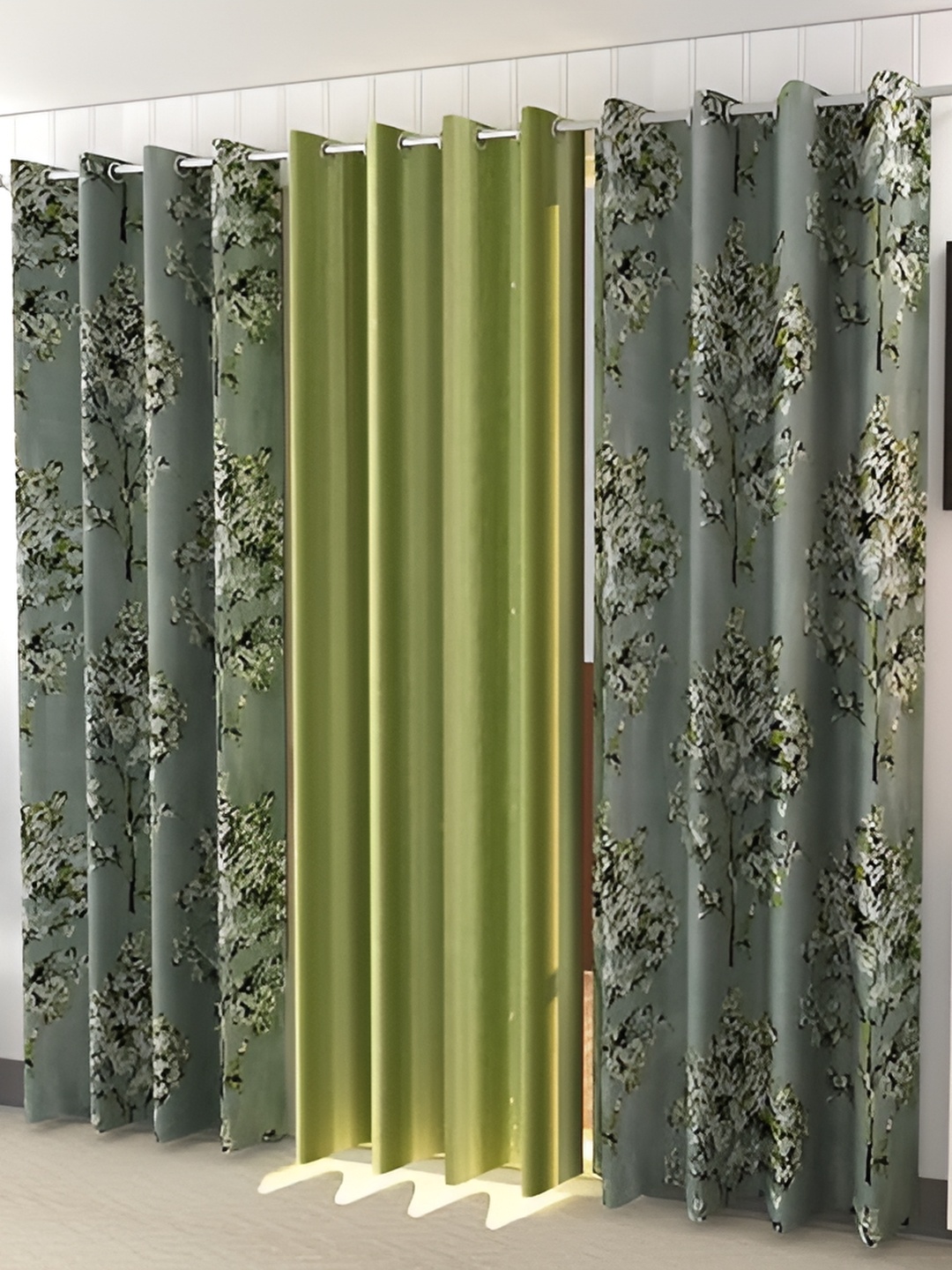 

Yes Cart Home Green & White 3 Pieces Floral Room Darkening Long Door Curtains