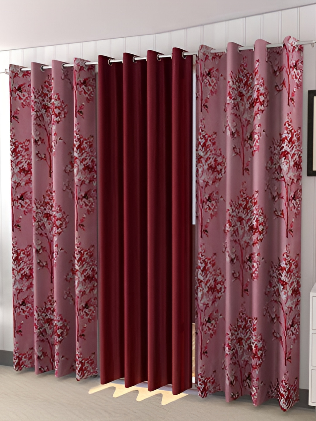 

Yes Cart Home Maroon & White 3 Pieces Floral Room Darkening Long Door Curtains