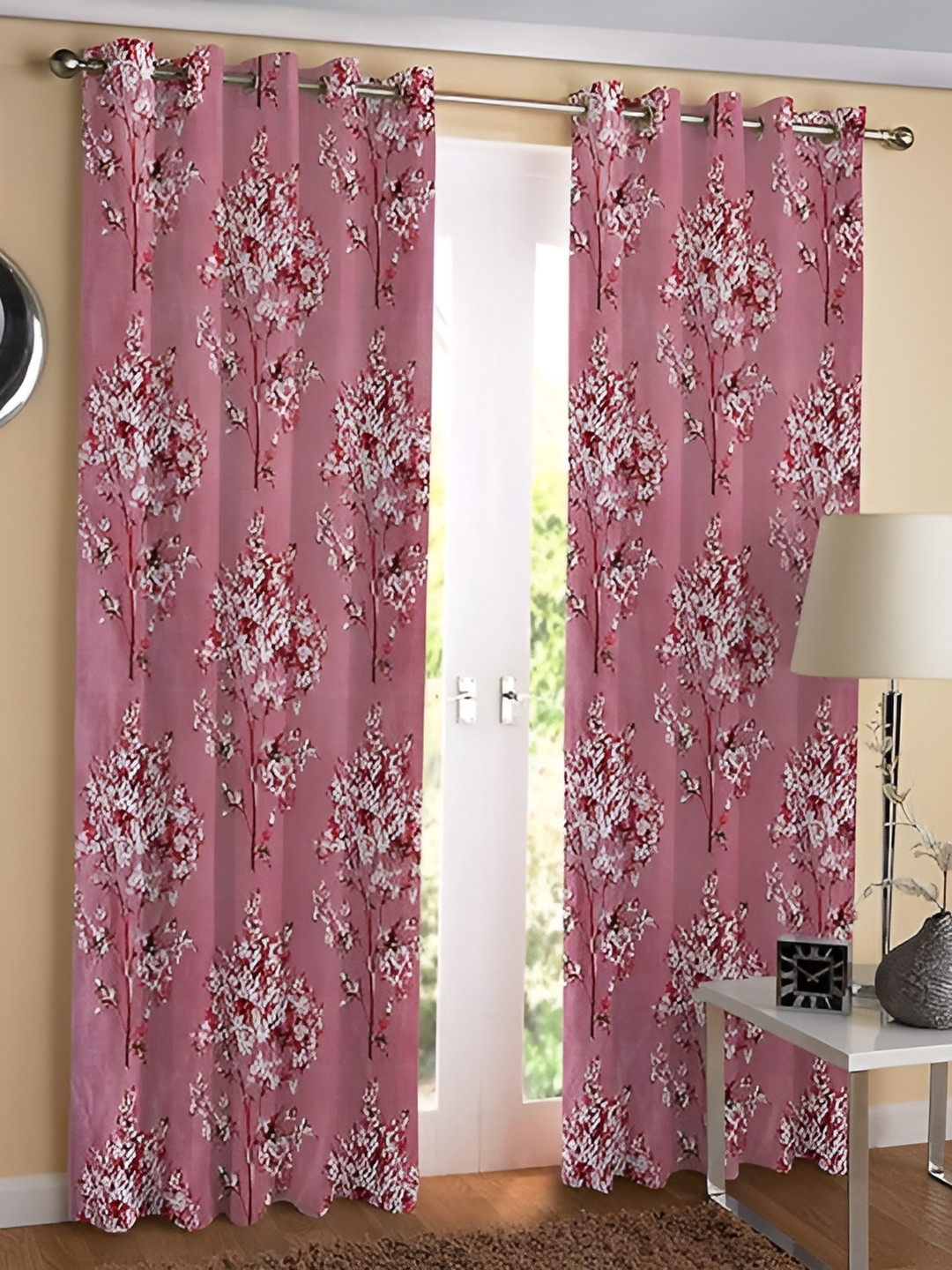 

Yes Cart Home Pink & Maroon 2 Pieces Floral Room Darkening Long Door Curtains