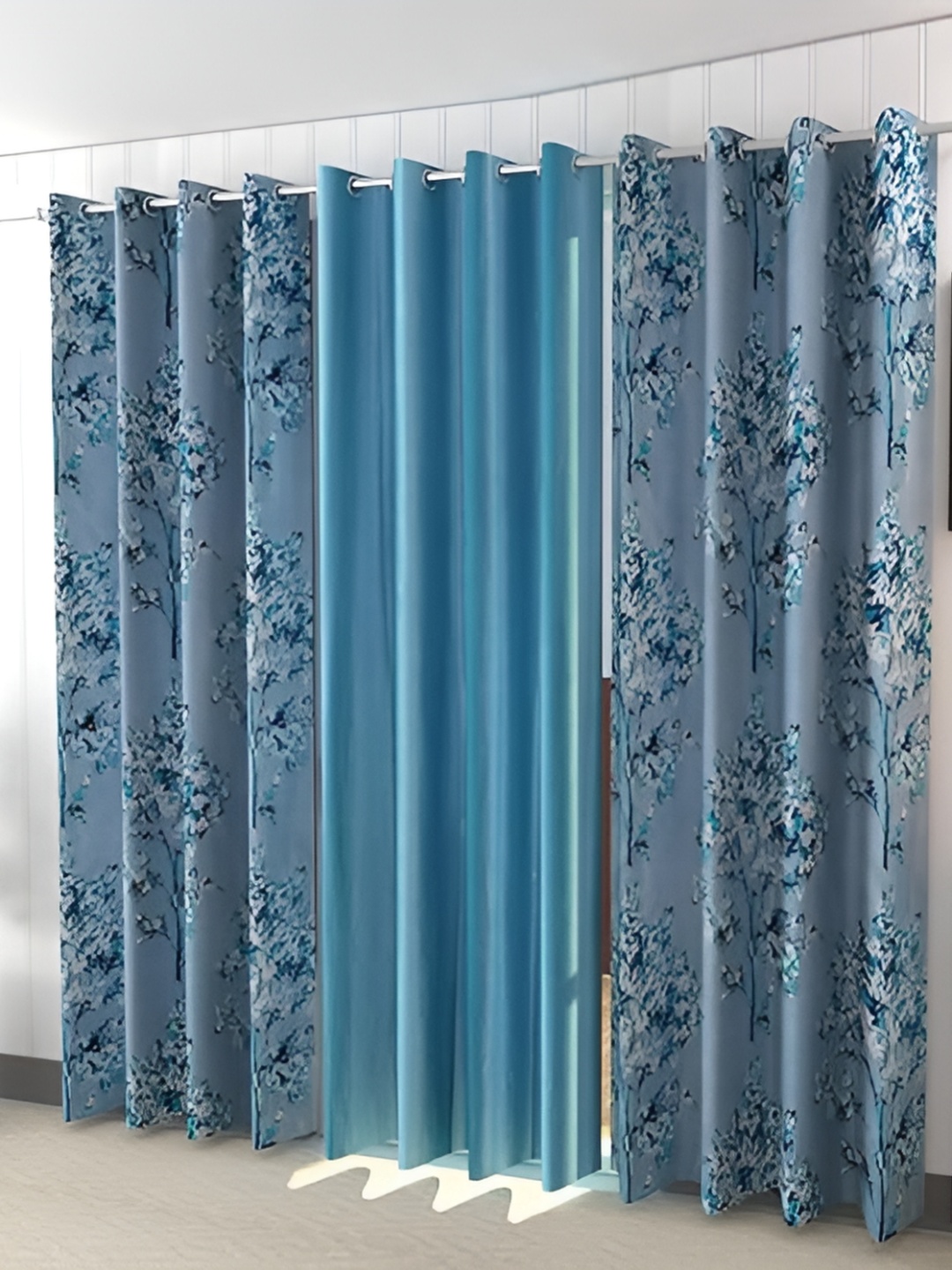 

Yes Cart Home Aqua Blue & White 3 Pieces Floral Room Darkening Door Curtains