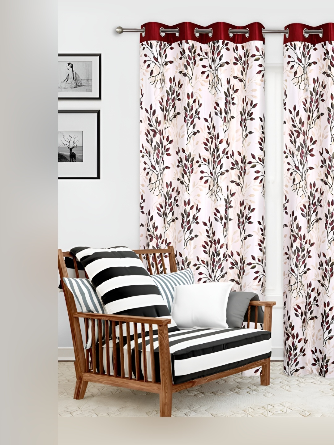 

Yes Cart Home Off White & Maroon 2 Pieces Floral Room Darkening Door Curtains