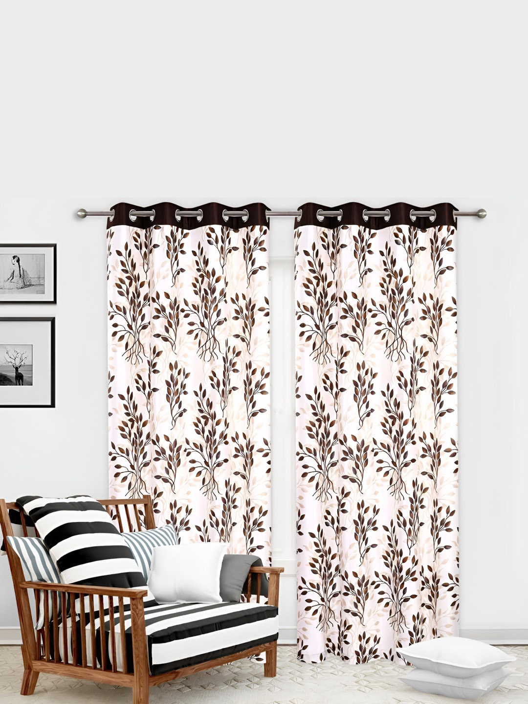 

Yes Cart Home Off White & Coffee Brown 2 Pieces Floral Room Darkening Long Door Curtains