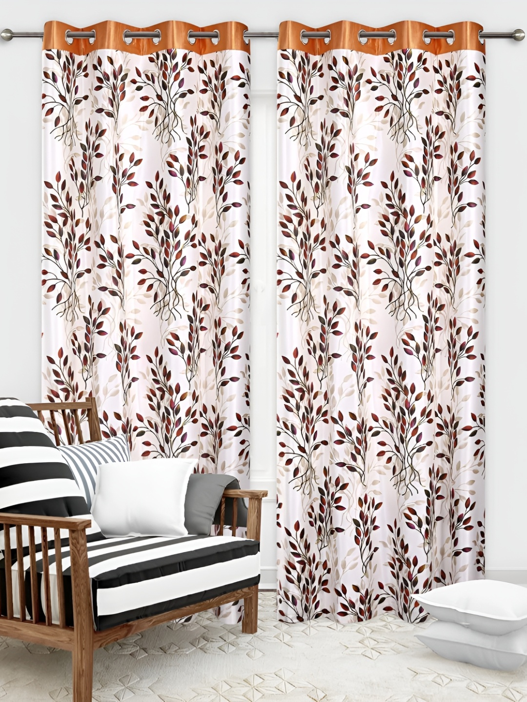 

Yes Cart Home Off White & Orange 2 Pieces Floral Room Darkening Long Door Curtains