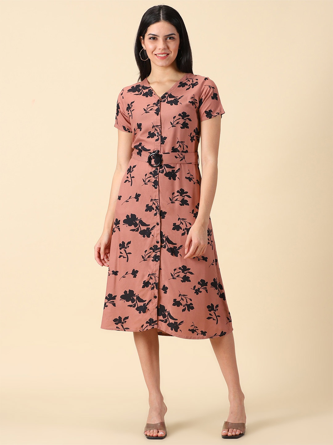 

PURPLE FLAUNT Floral Printed Belt Detailed V-Neck A-Line Midi Dress, Peach