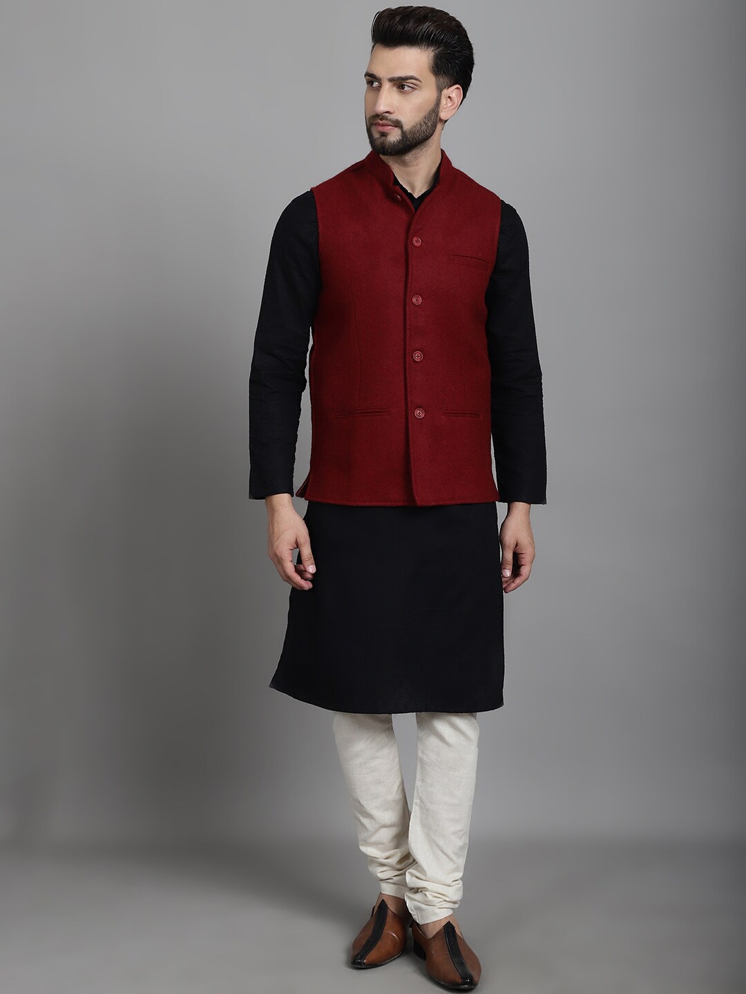 

even Mandarin Collar Pure Wool Nehru Jackets, Maroon