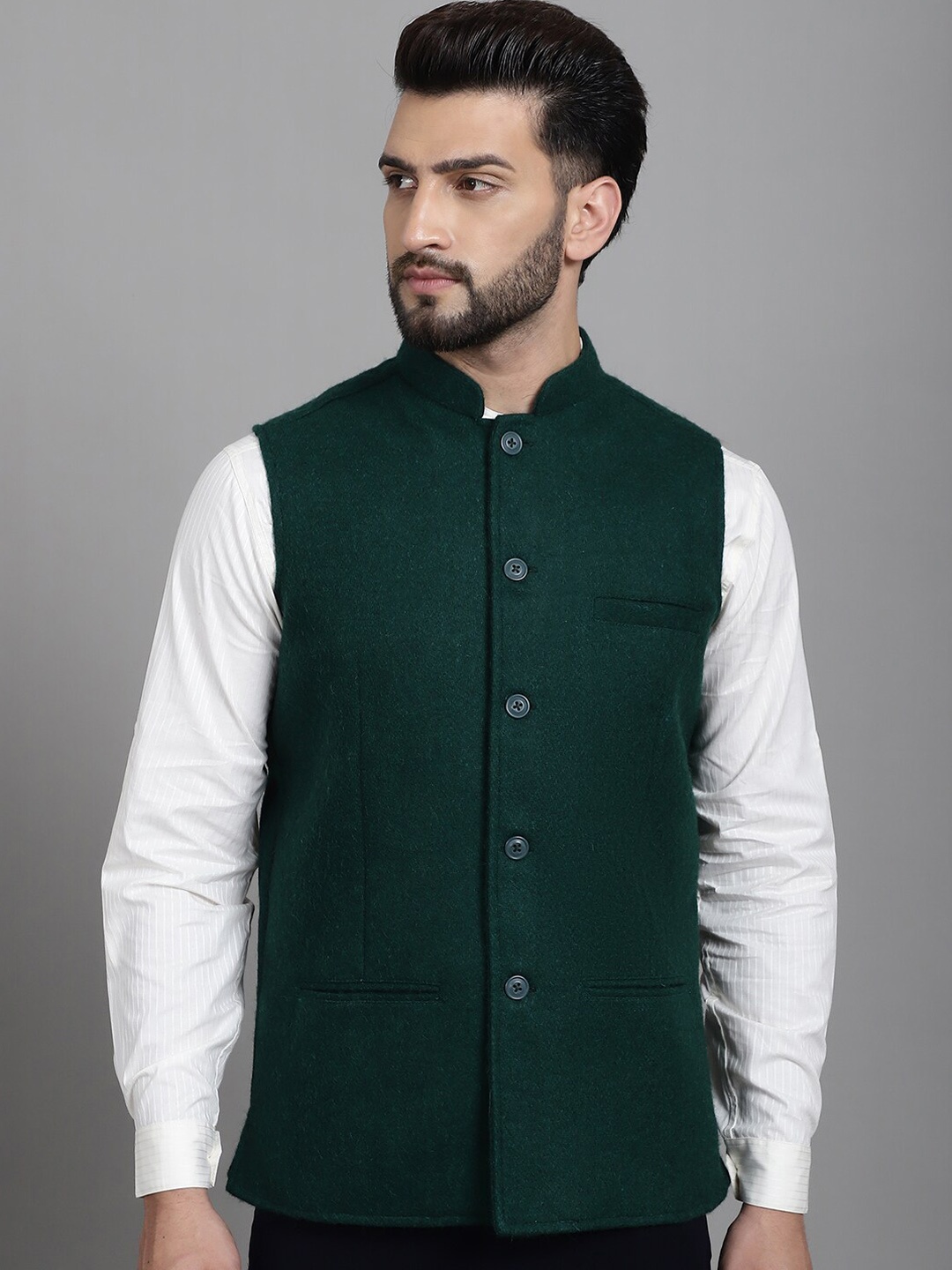 

even Mandarin Collar Pure Wool Nehru Jackets, Green