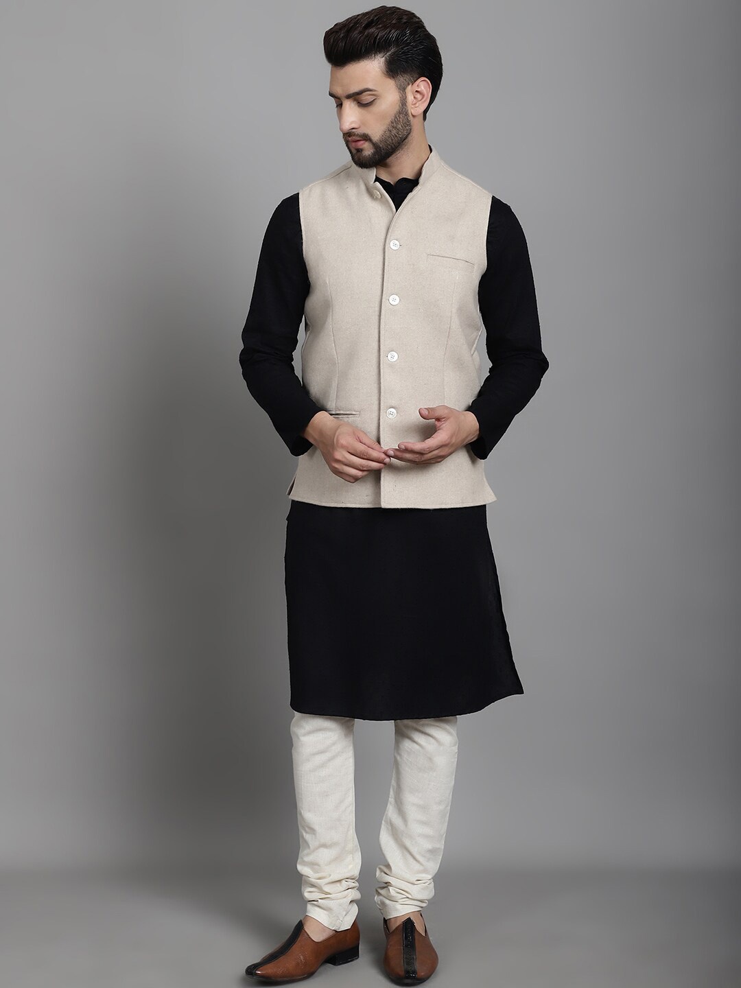 

even Mandarin Collar Pure Wool Nehru Jackets, Cream