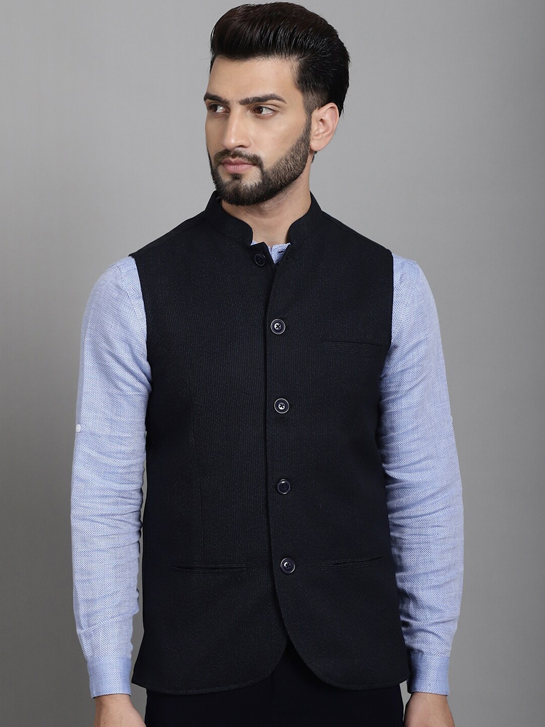 

even Striped Nehru Jackets, Navy blue