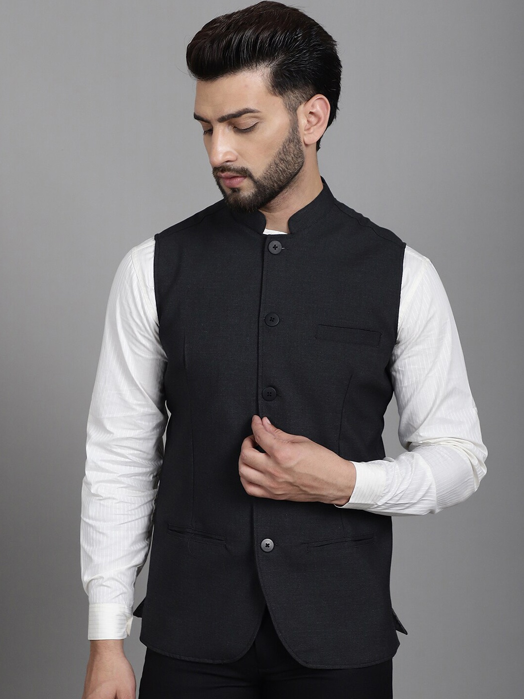

even Mandarin Collar Pure Woollen Nehru Jacket, Grey