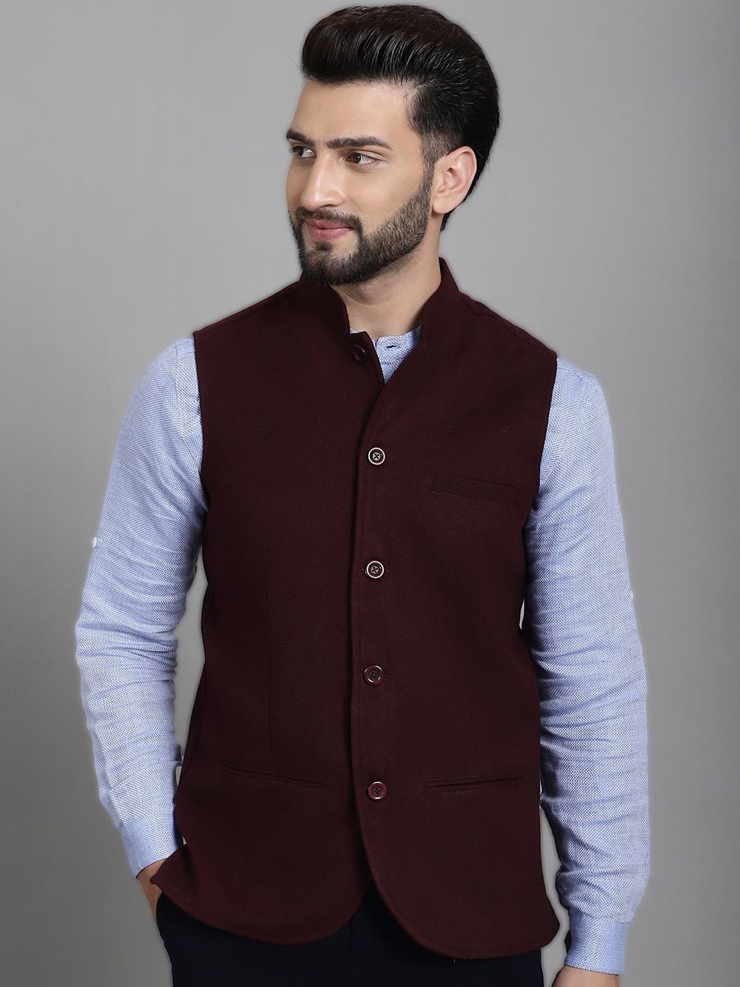 

even Mandarin Collar Pure Wool Nehru Jackets, Maroon