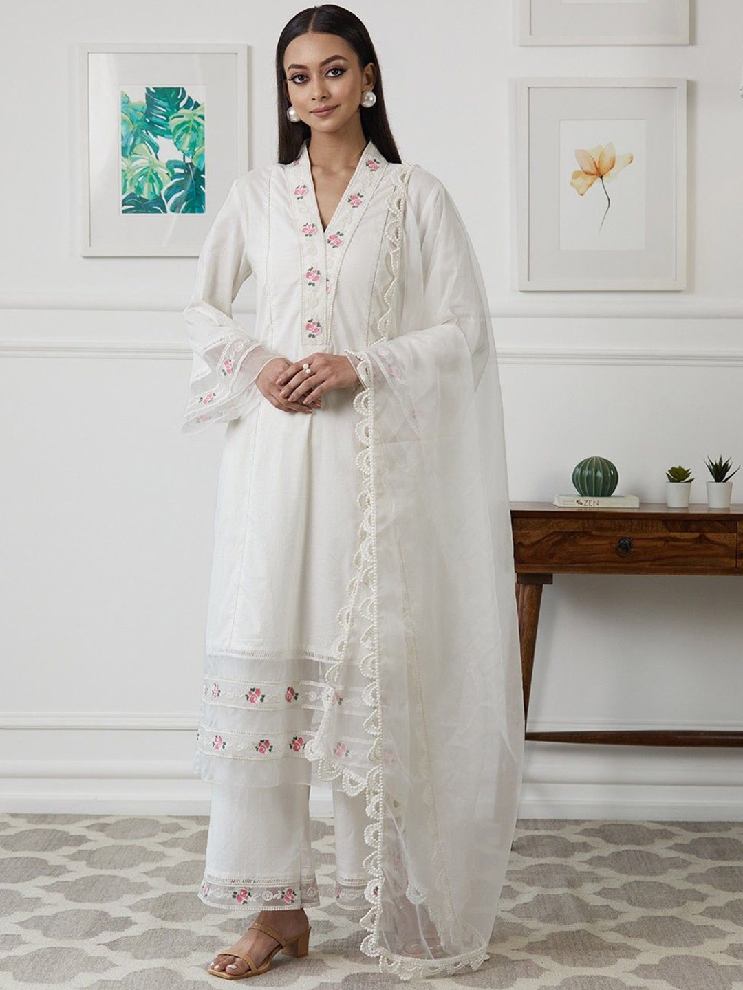 

KALINI Floral Yoke Design V-Neck Thread Work Straight Kurta & Palazzos With Dupatta, White