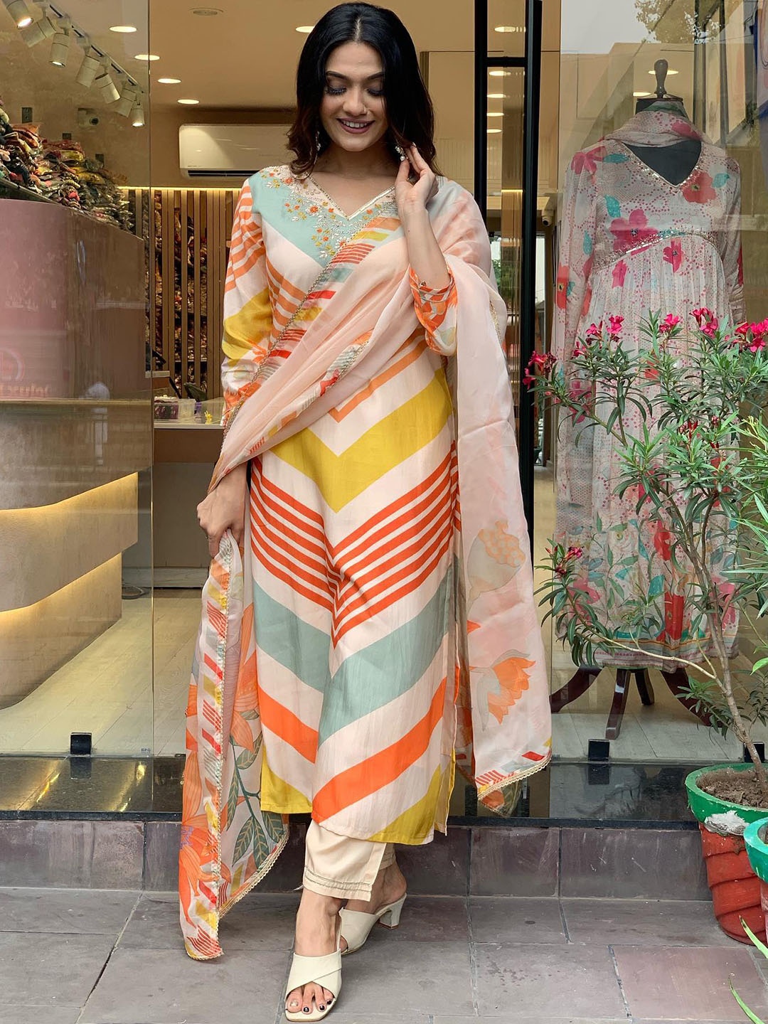 

KALINI Striped Thread Work Detailed Straight Kurta & Trouser With Dupatta, Cream