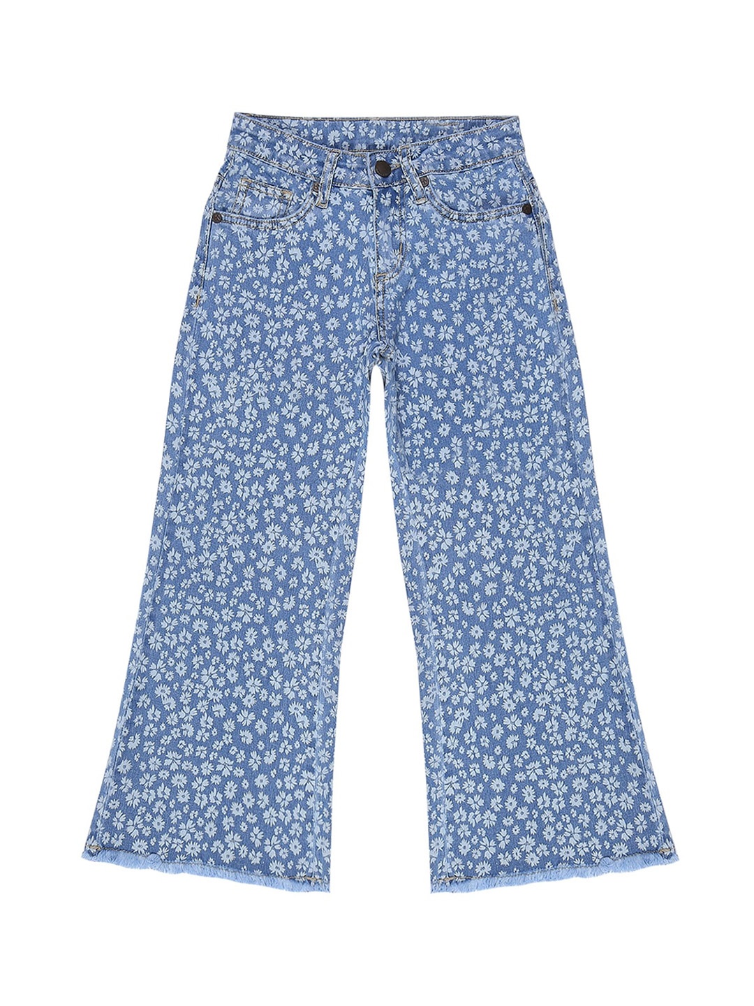 

HERE&NOW Girls Wide Leg Mid-Rise Highly Distressed Printed Stretchable Jeans, Blue