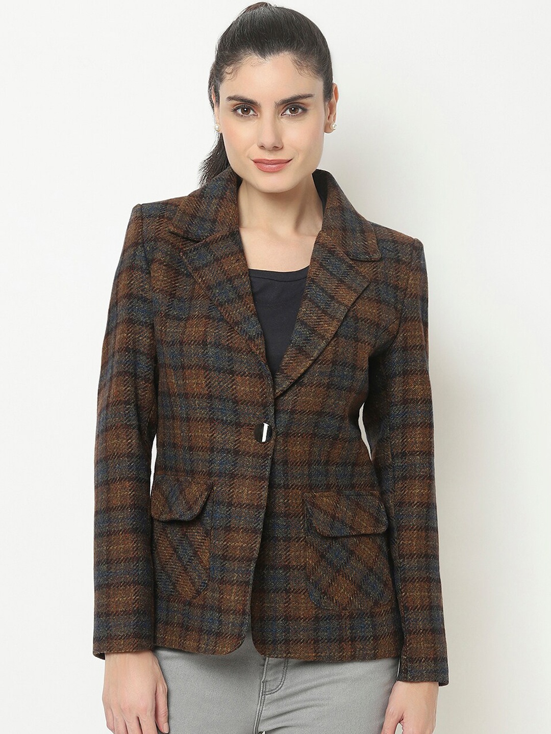 

Knitstudio Checked Woollen Single-Breasted Blazer, Brown