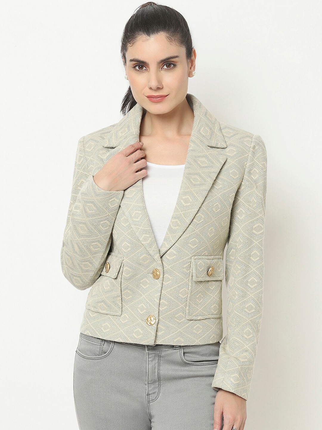 

Knitstudio Self Design Woolen Single Breasted Crop Blazer, Green