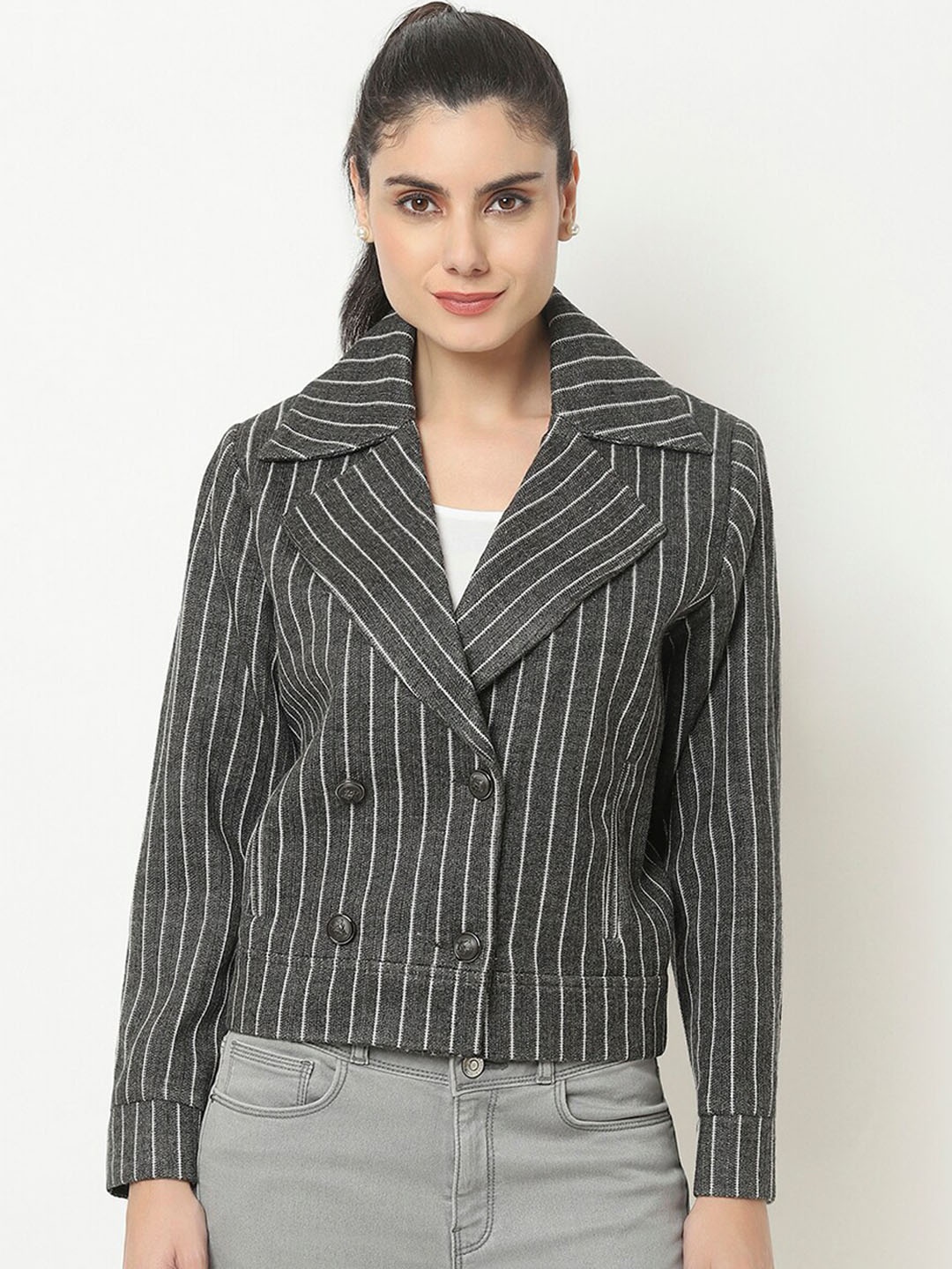 

Knitstudio Striped Woolen Double Breasted Knitted Blazer, Grey