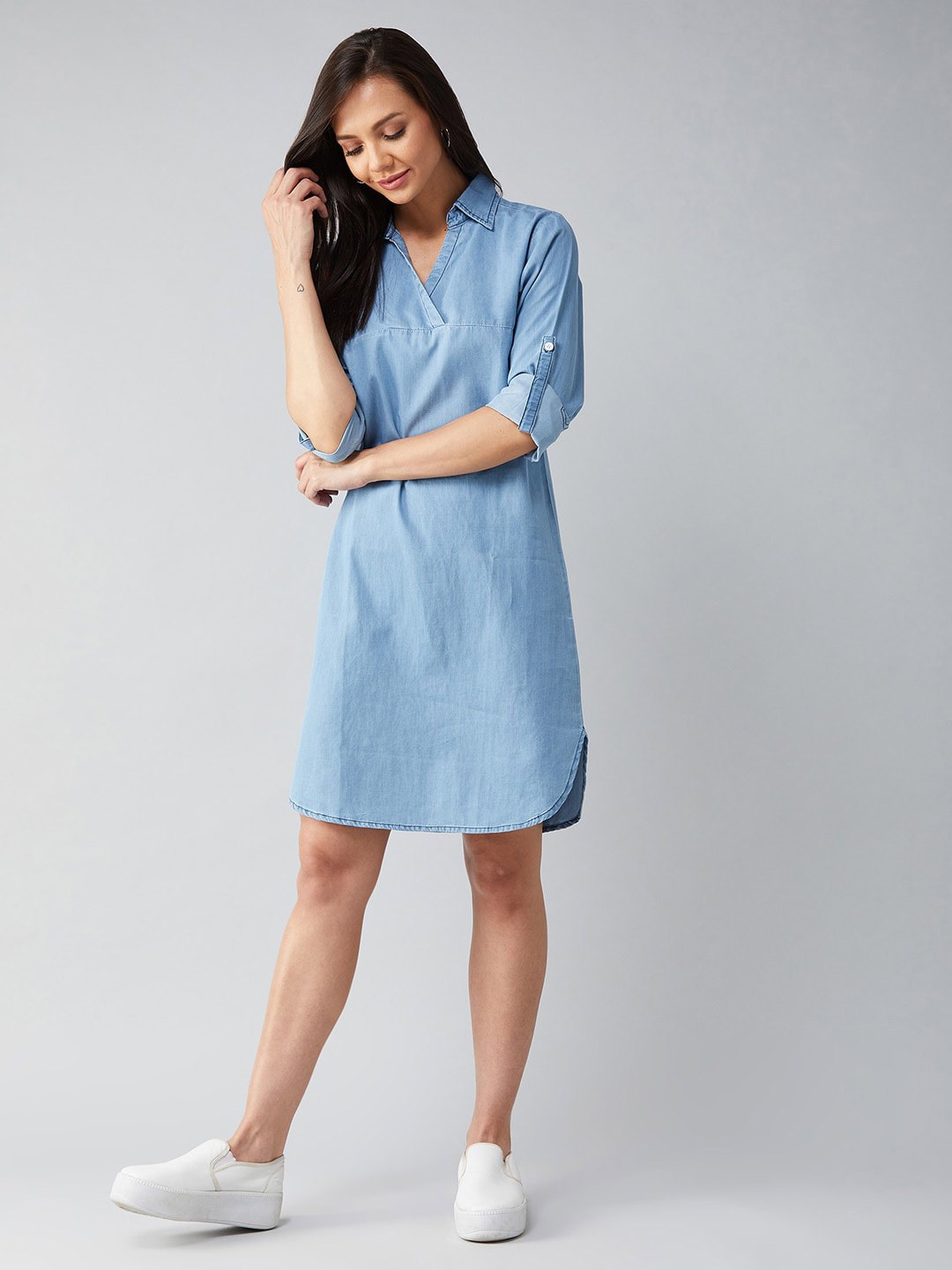 

Miss Chase Shirt Collar Denim A-Line Dress, Blue