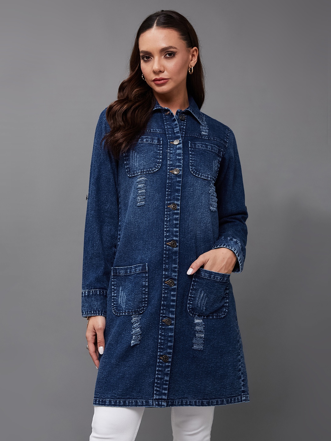 

Miss Chase Spread Collar Longline Pure Cotton Denim Jacket, Navy blue