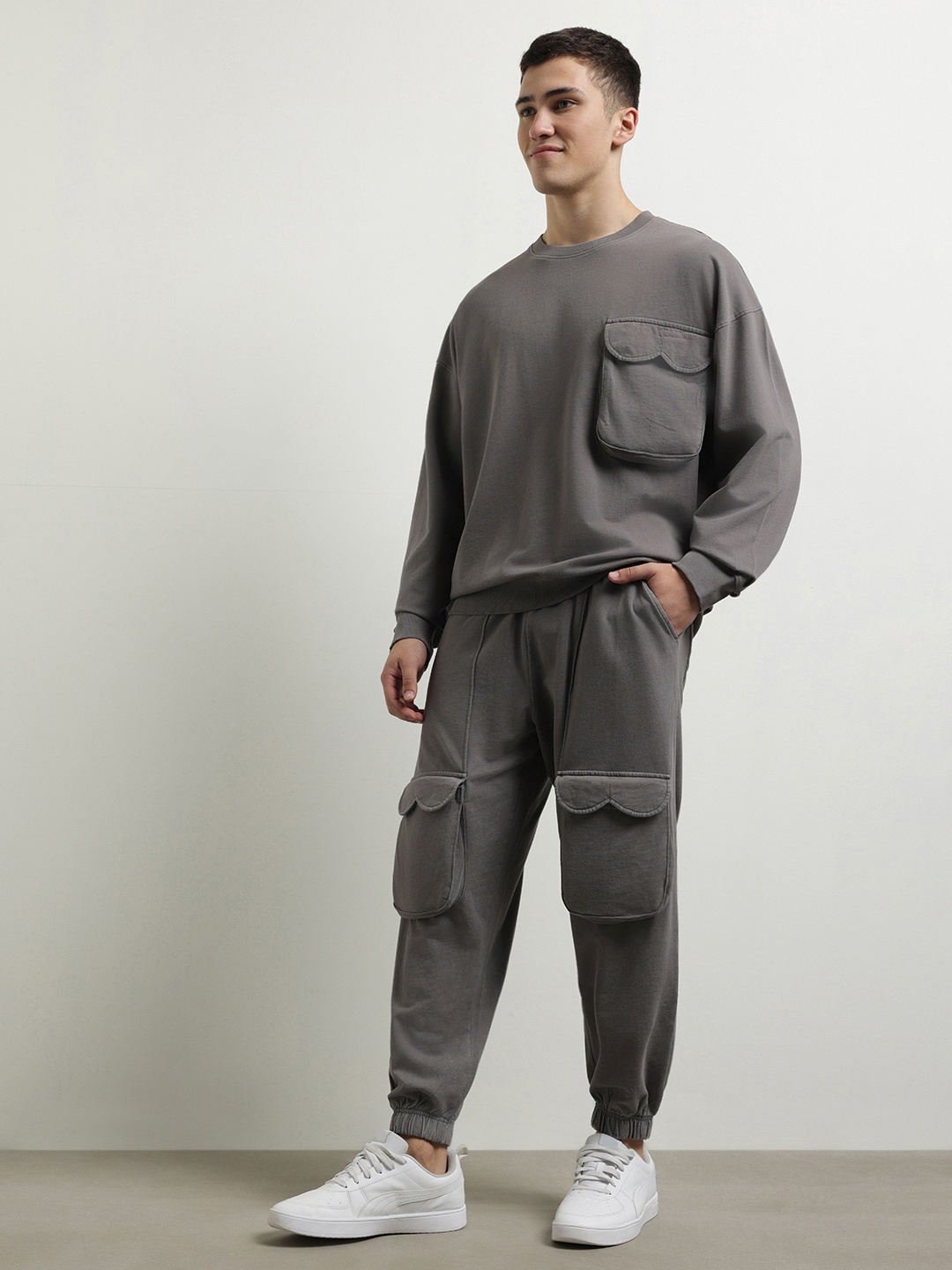 

NOBERO Pure Cotton Oversized Sweatshirt With Joggers, Grey