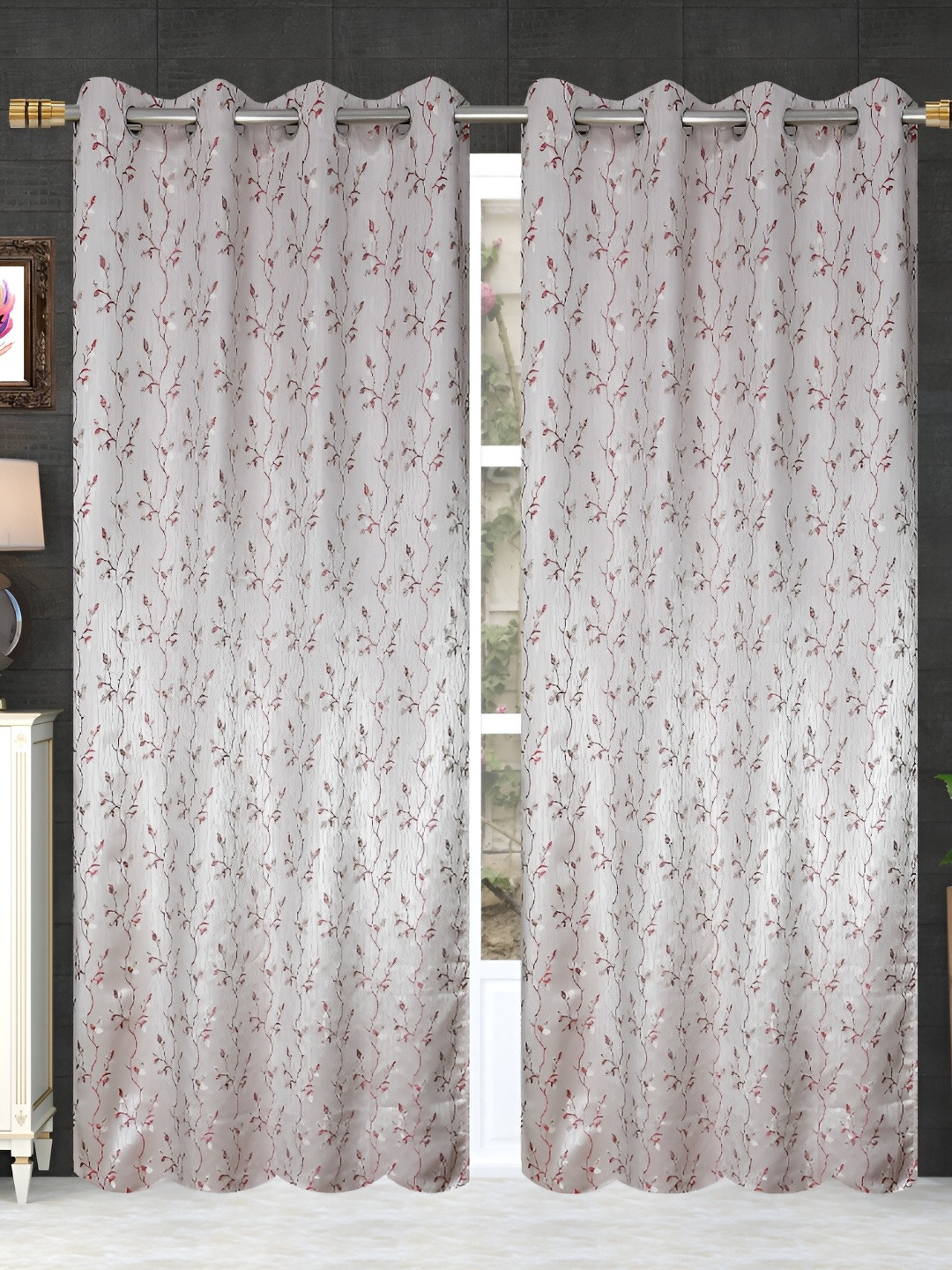 

Kraftiq Homes White & Maroon 2 Pieces Room Darkening Window Curtain