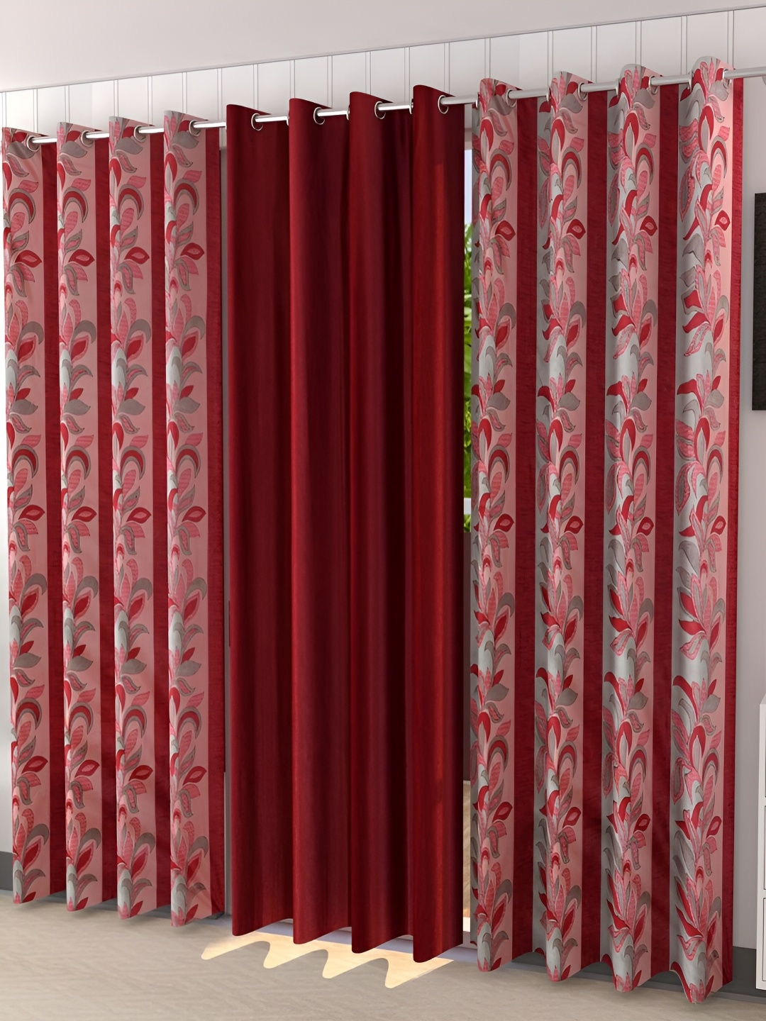 

Kraftiq Homes Maroon & Pink 3 Pieces Room Darkening Long Door Curtain