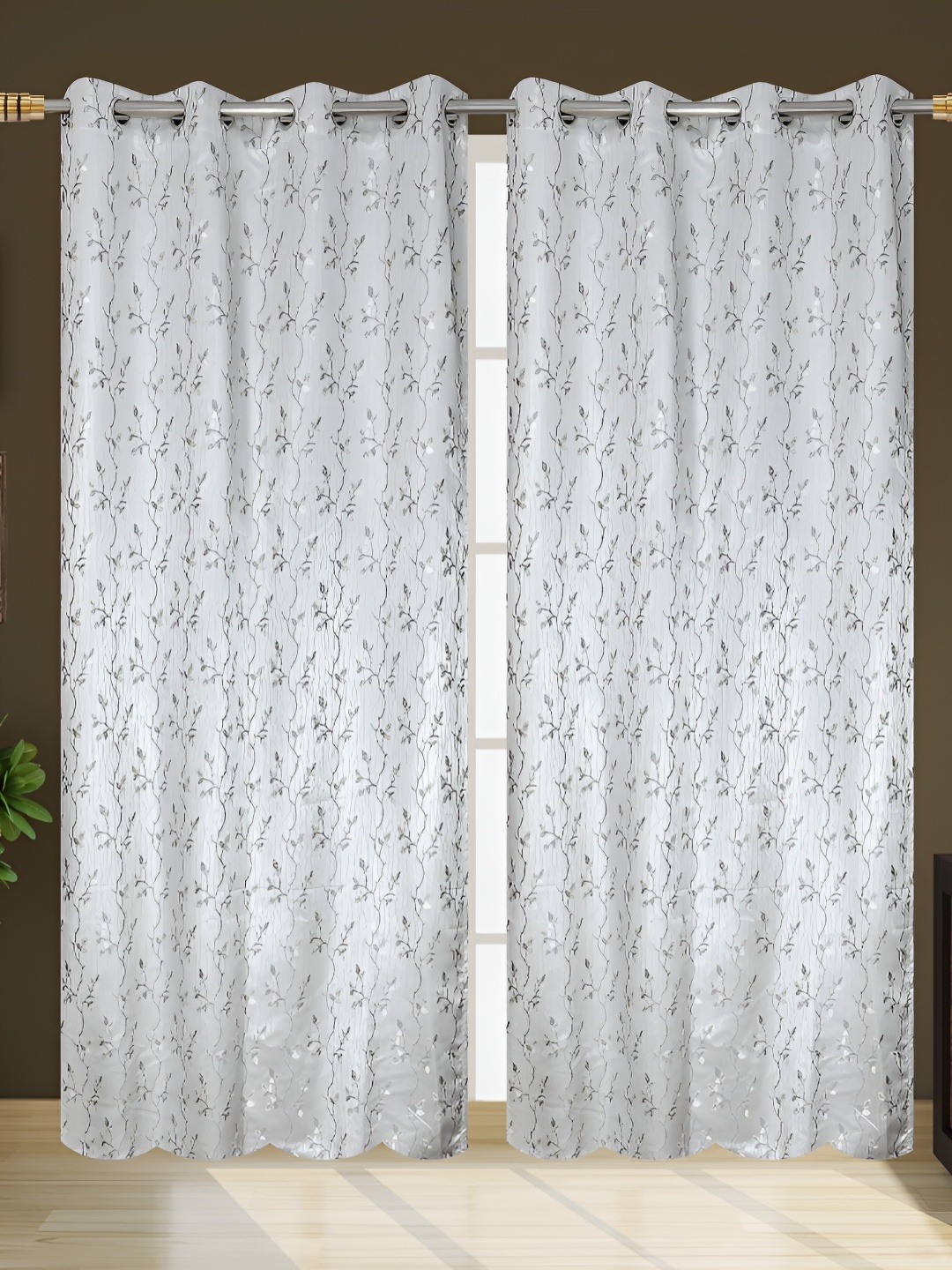 

Kraftiq Homes White & Grey 2 Pieces Room Darkening Window Curtains