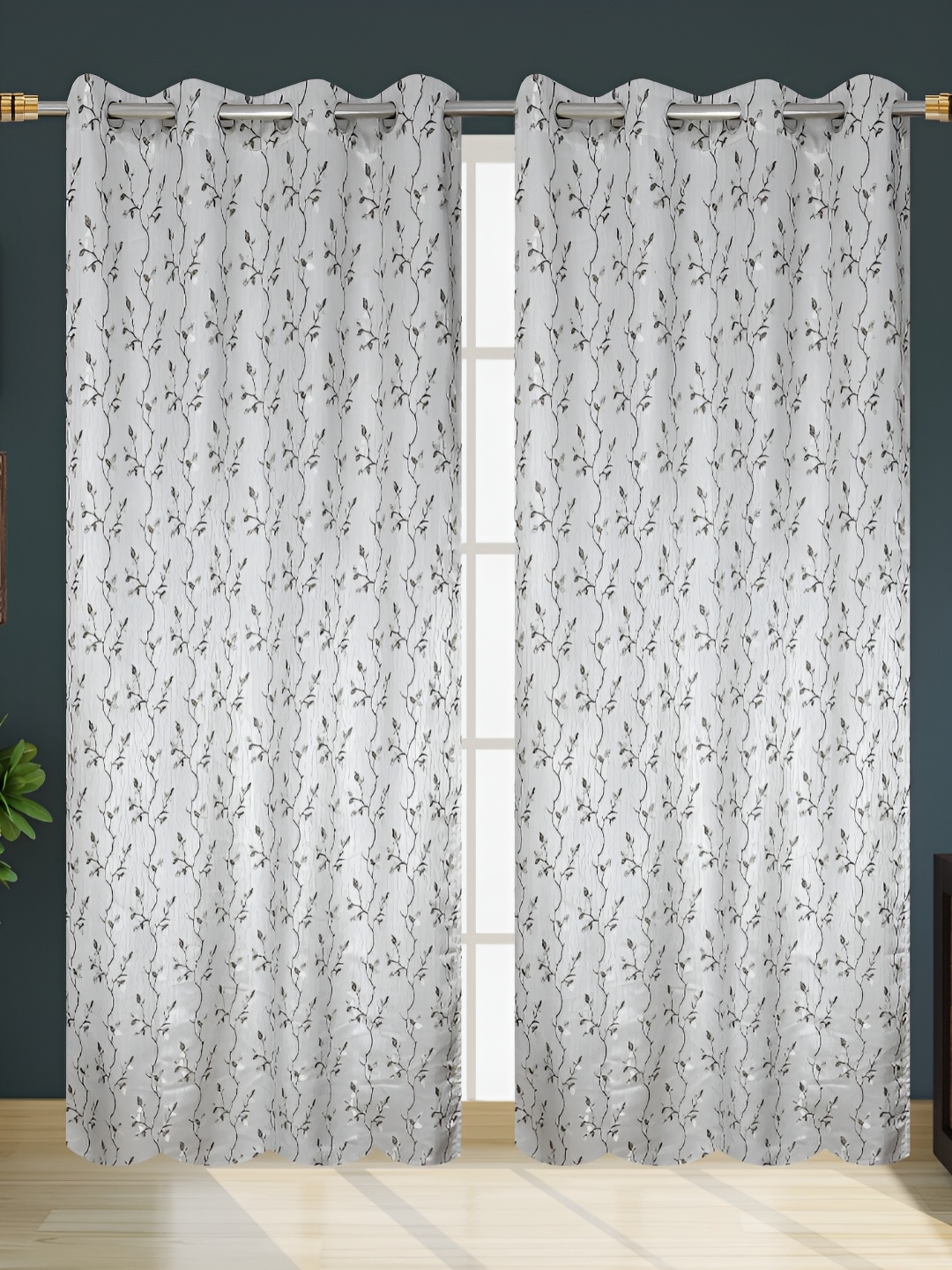 

Kraftiq Homes Grey & Brown 2 Pieces Floral Printed Room Darkening Door Curtains