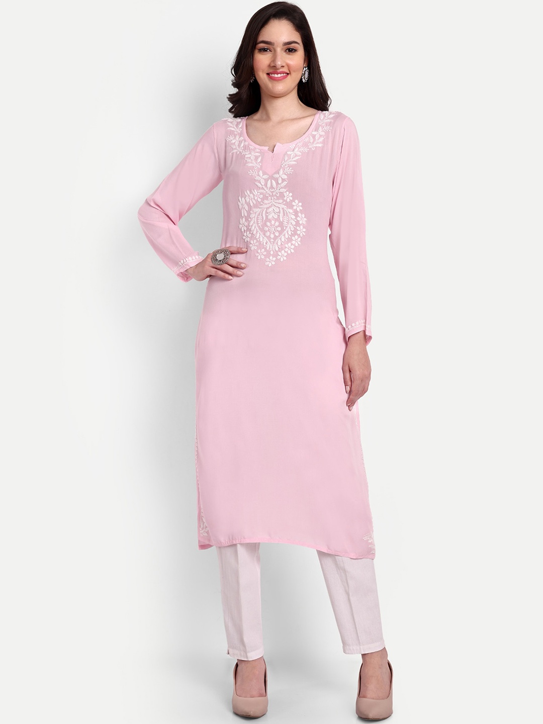 

Indiankala4u Ethnic Motifs Embroidered Chikankari Modal Cotton Straight Kurta, Pink