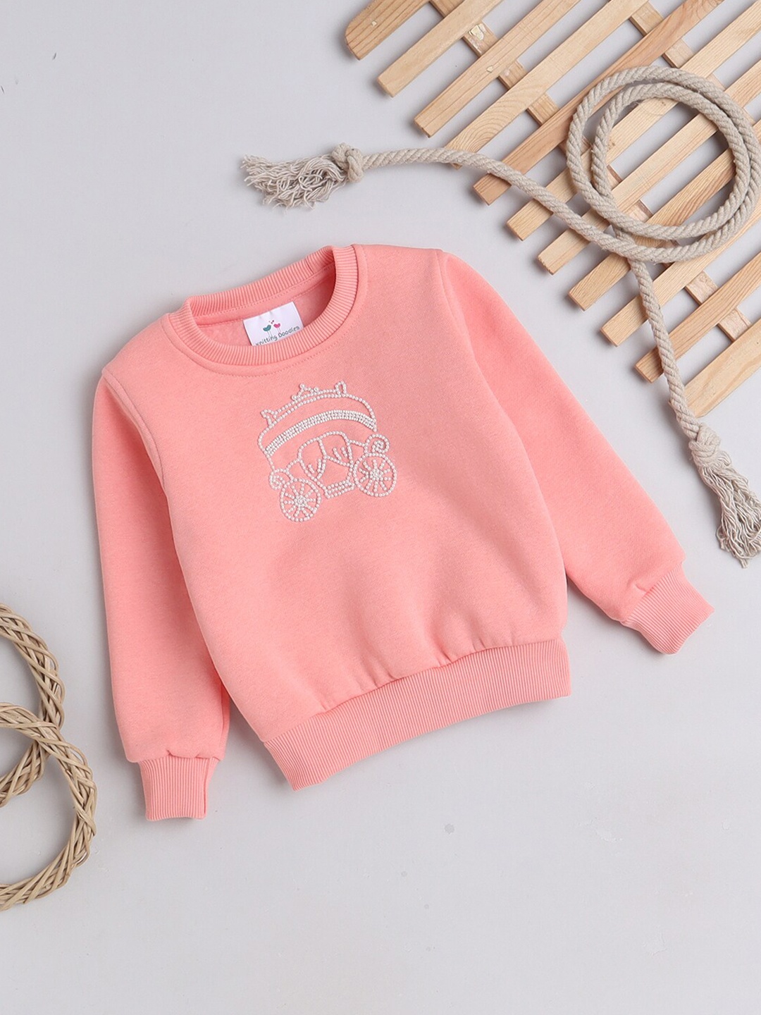 

Knitting Doodles Girls Embellished Fleece Pullover Sweatshirt, Peach
