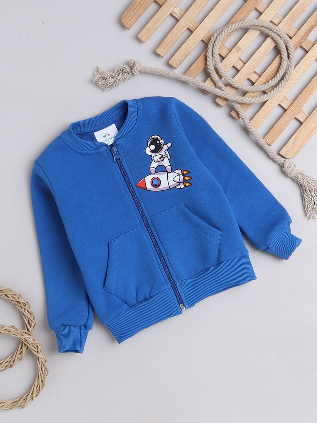 

Knitting Doodles Kids Graphic Printed Mock Collar Fleece Sweatshirt, Blue