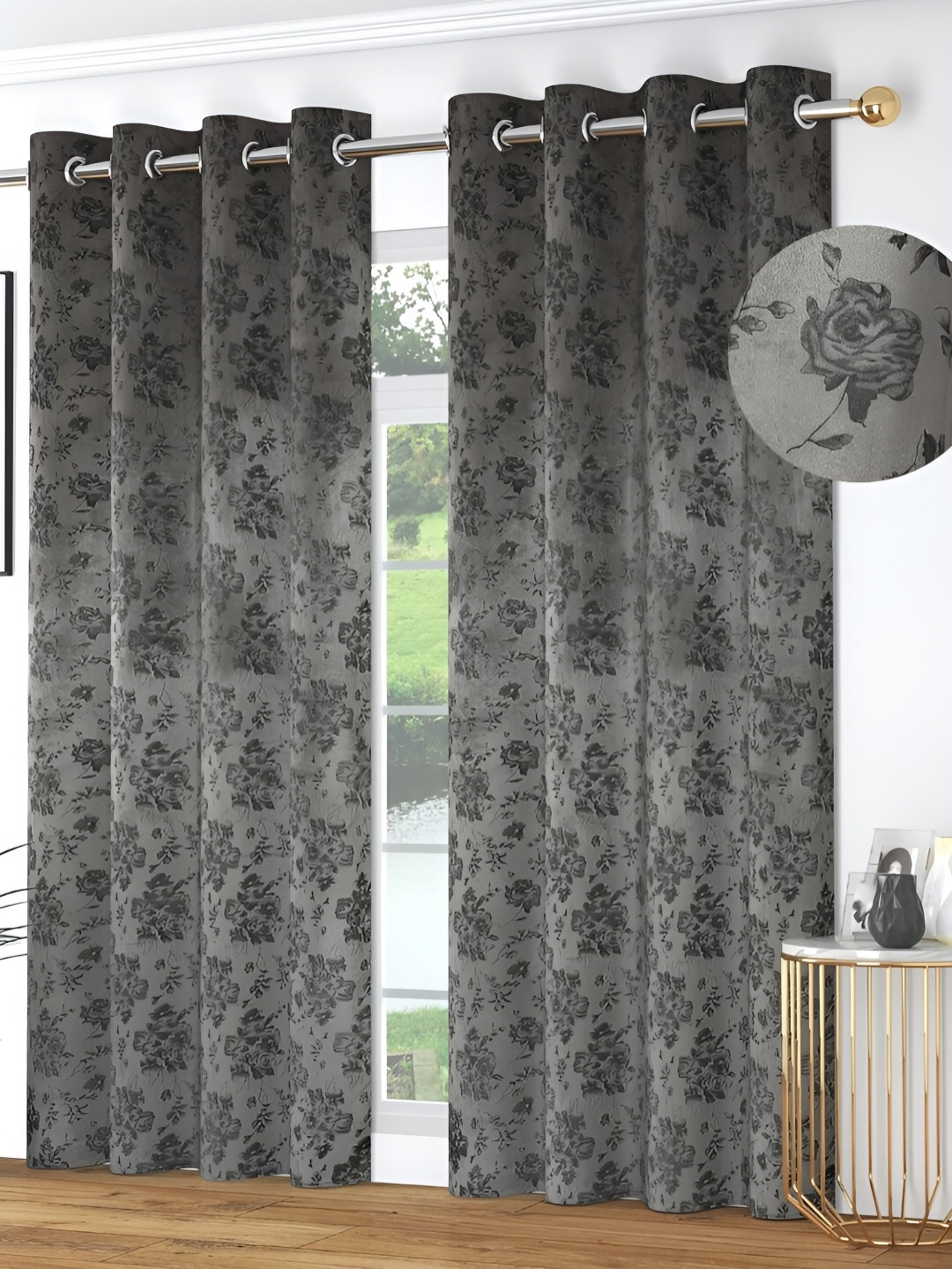 

Kraftiq Homes Grey & Black 2 Pieces Room Darkening Long Door Curtains