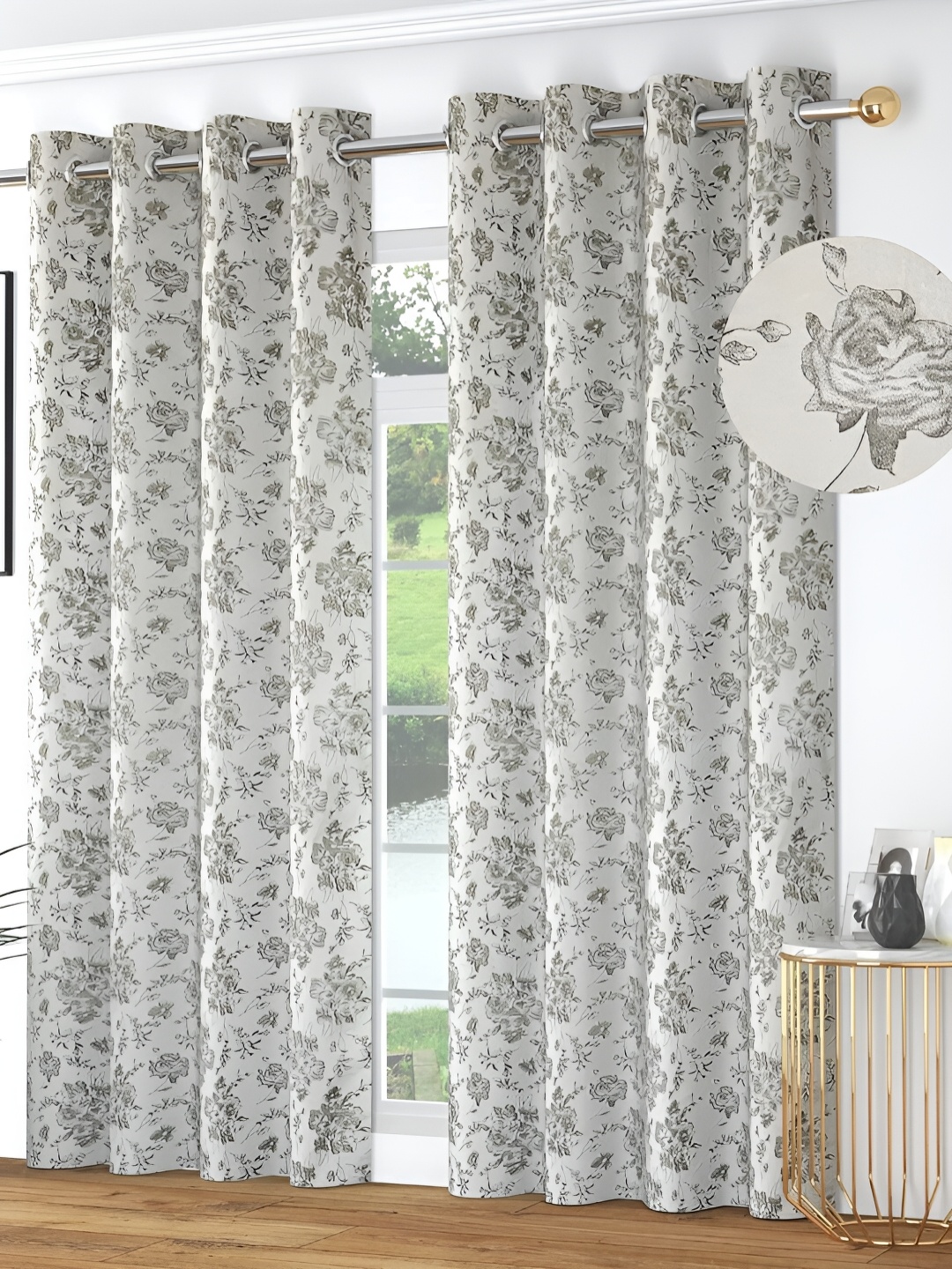 

Kraftiq Homes White & Grey 2 Pieces Floral Room Darkening Window Curtains
