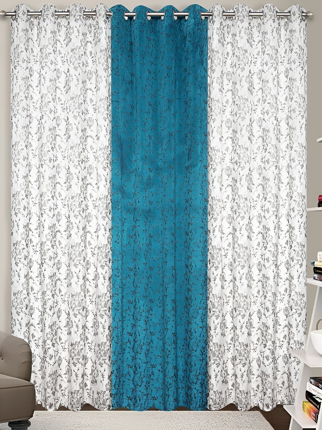 

Kraftiq Homes White & Blue 3 Pieces Room Darkening Long Door Curtains