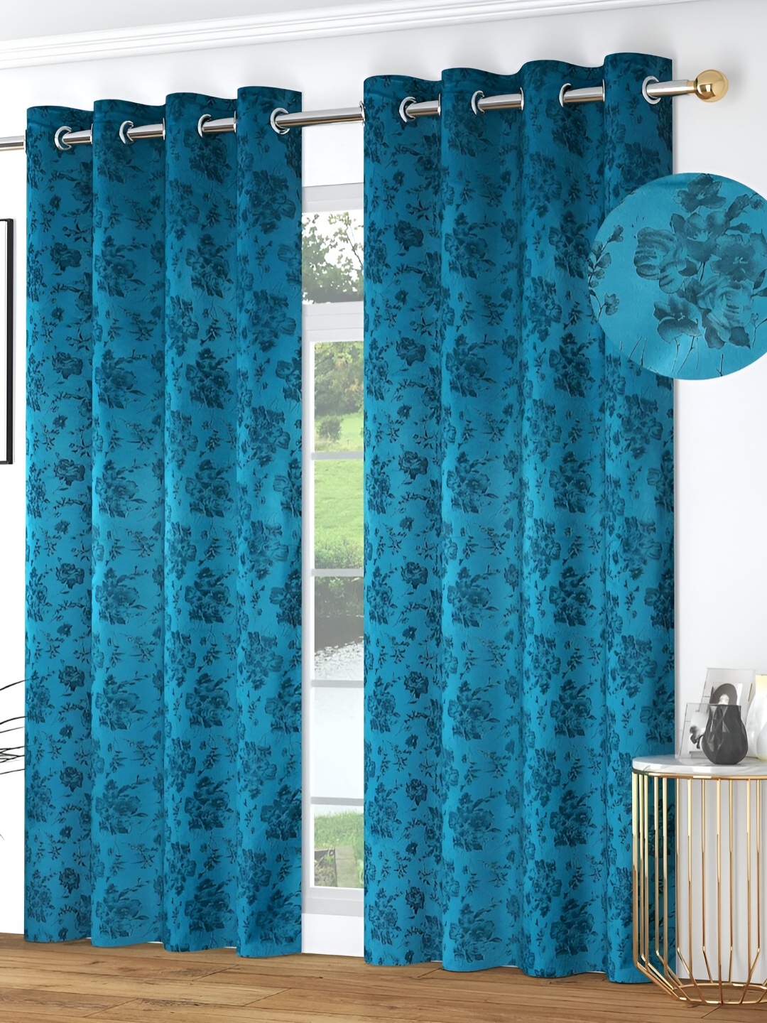 

Kraftiq Homes Blue 2 Pieces Floral Printed Room Darkening Window Curtains