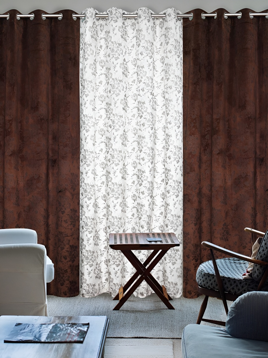 

Kraftiq Homes Brown & Off White 3 Pieces Floral Room Darkening Long Door Curtains