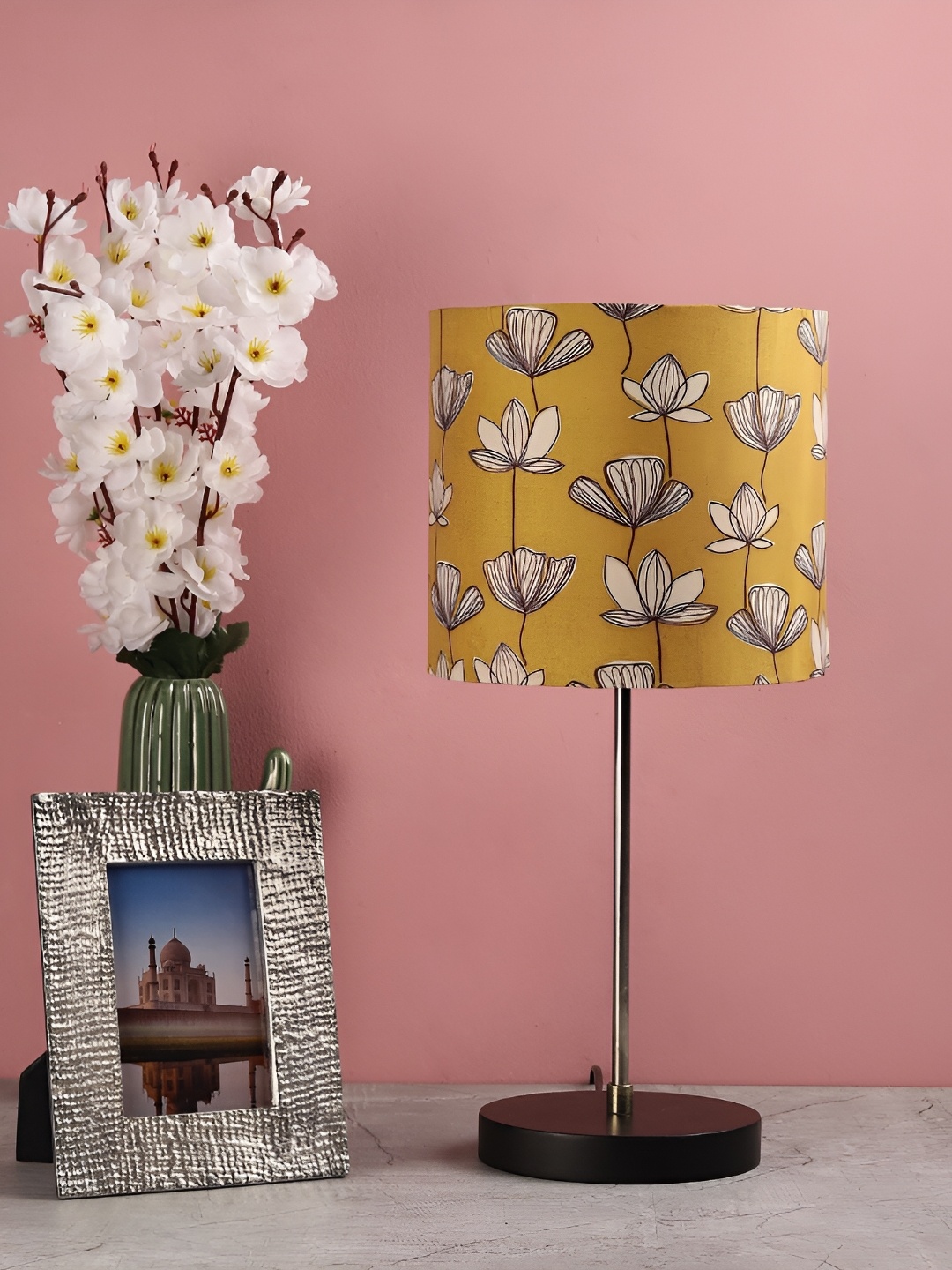 BTR CRAFTS Mustard & White Floral Cylindrical Shape Metal Table Lamp with Adjustable Cord