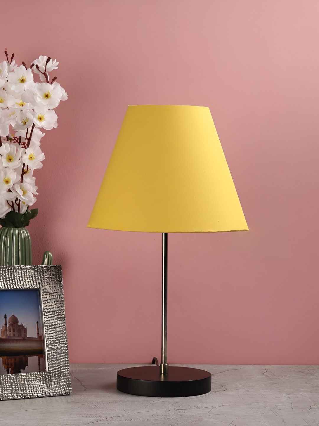 BTR CRAFTS Yellow & Brown Frustum Shaped Metal Table Lamp with Adjustable Cord