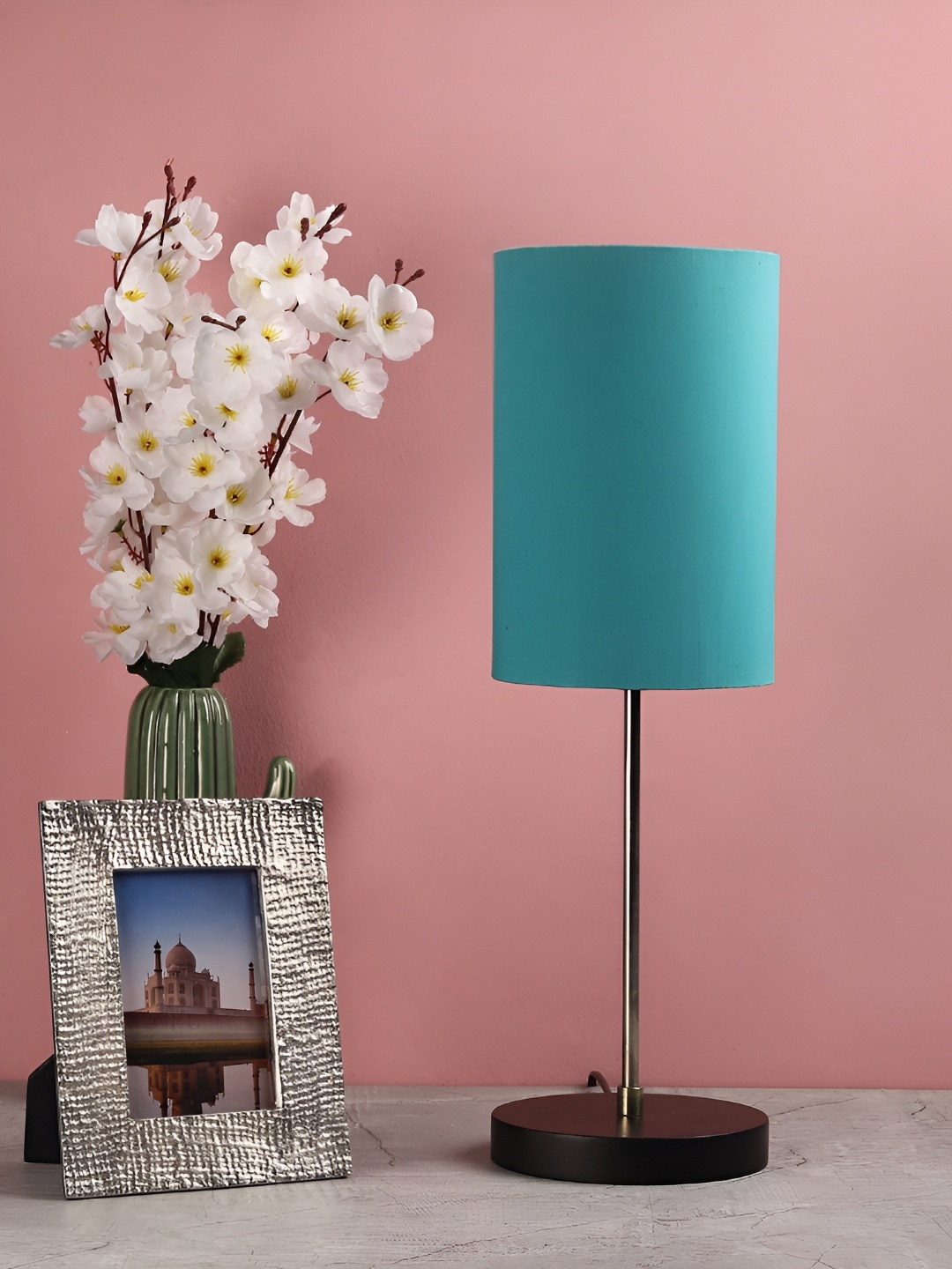 

BTR CRAFTS Turquoise Blue Cylindrical Shaped Metal Table Lamp with Adjustable Cord